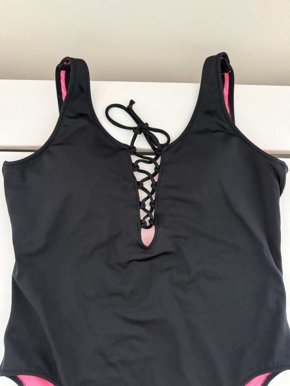 Victoria’s Secret PINK Black Lace Up One Piece Swimsuit Pink Lining Medium - Picture 7 of 10